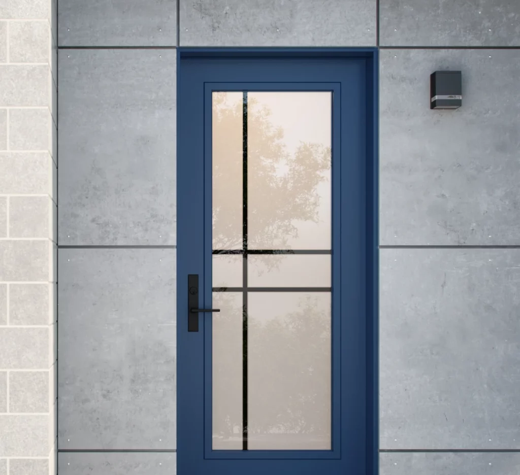 Porte bleue moderne avec vitre à croisillons noirs sur mur en béton.