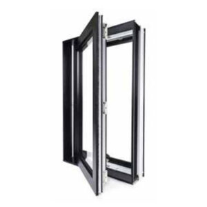Fenêtre noire à ouverture pivotante, design moderne, vue latérale.