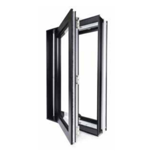 Fenêtre noire à ouverture pivotante, design moderne, vue latérale.
