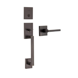 Ensemble de poignées de porte moderne et rectangulaire en métal noir mat avec serrure intégrée pour porte d'entrée.