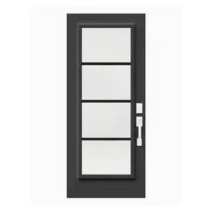 Porte moderne noire avec quatre panneaux vitrés, design épuré et contemporain, idéale pour l'entrée principale.