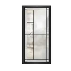 Porte vitrée contemporaine avec design géométrique dans un encadrement noir, idéale pour l'intérieur moderne.
