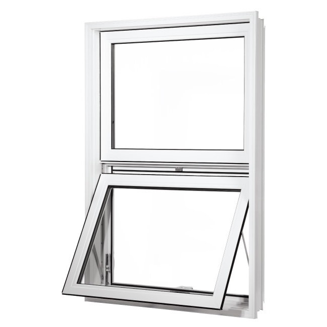 Fenêtre à guillotine blanche avec partie inférieure basculante ouverte, idéale pour ventilation et esthétique moderne.