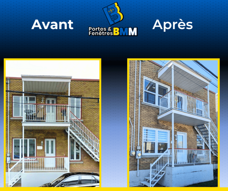 Transformation d'un balcon ancien en espace moderne avec nouvelles portes et fenêtres, améliorant l'esthétique et la sécurité de la façade.