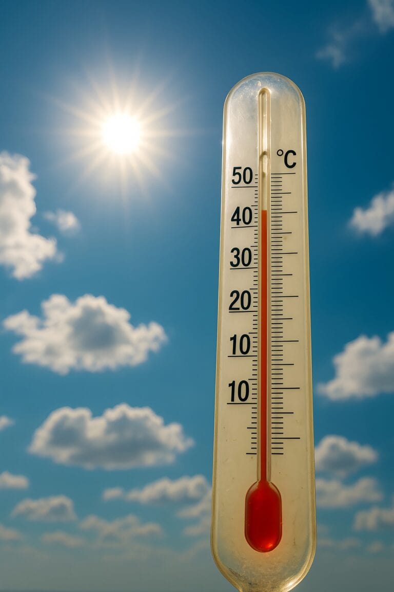 Thermomètre extérieur indiquant une température chaude ensoleillée, avec un ciel bleu et quelques nuages, illustrant le confort thermique pour portes et fenêtres.